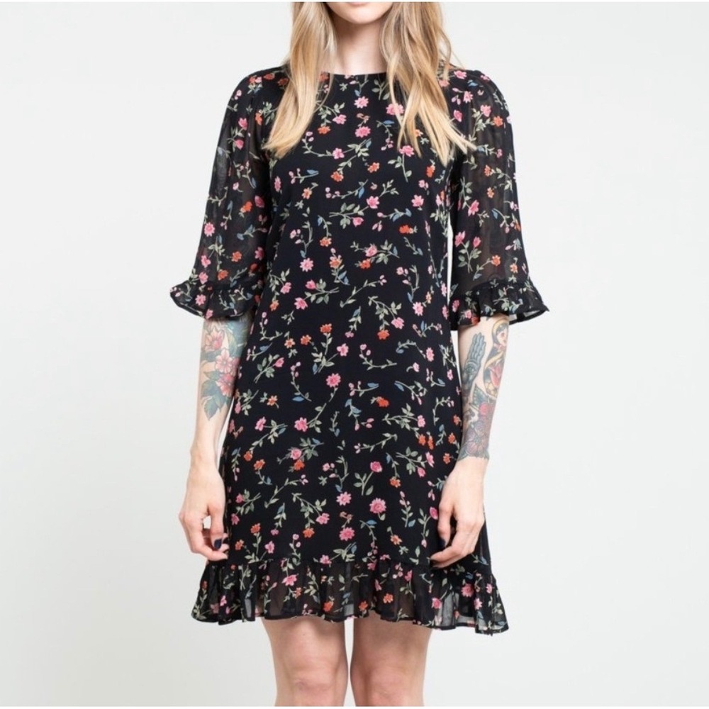Ganni Elm Floral Georgette Dress Women EU 34 US 2 Black Ruffle Sleeve Crepe Mini